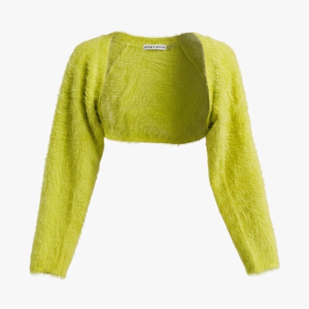 Alice + Olivia Lime Green Fuzzy Eyelash Knit Cropped Shrug Sweater XL